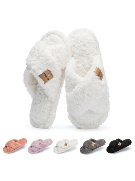 Shoes - Fuzzy Open Toe Slippers for Women Indoor and Outdoor with Memory Foam